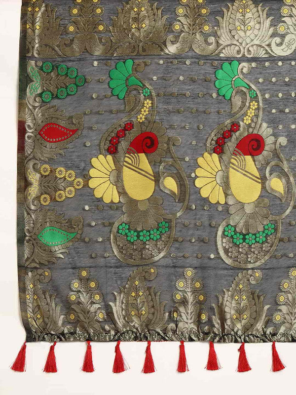 Black Pure Cotton Woven Zari Design Paisley Saree with Unstitched Blouse - Hiral Fashion | Grocsy