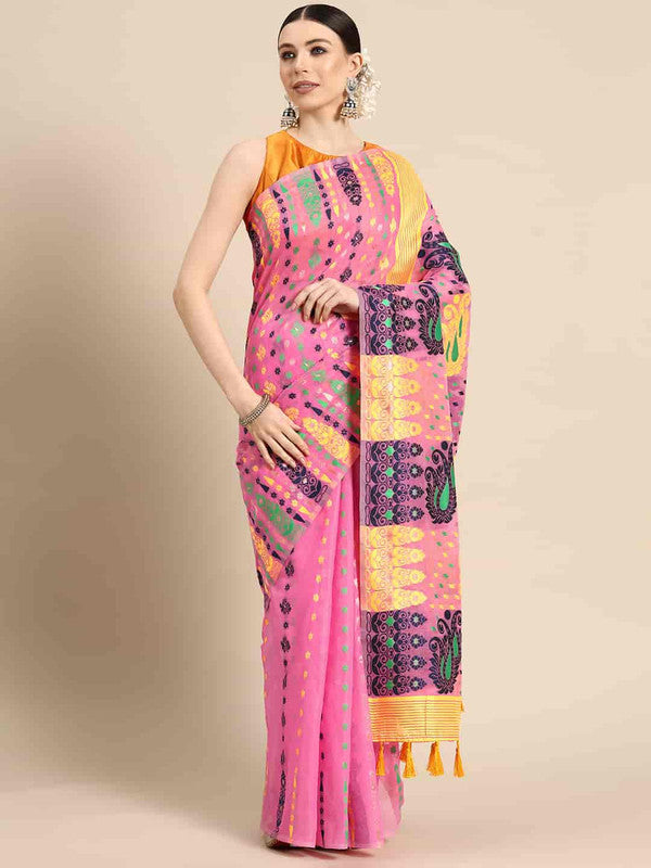 Pink Pure Cotton Woven Zari Design Paisley Saree with Unstitched Blouse - Hiral Fashion | Grocsy