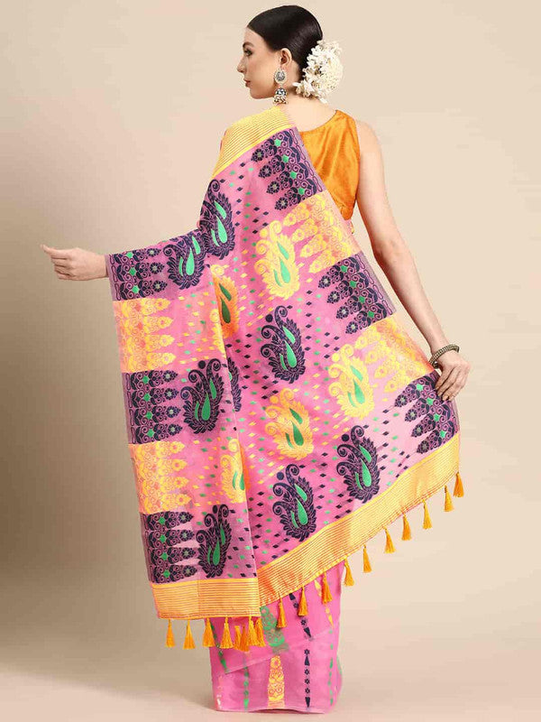 Pink Pure Cotton Woven Zari Design Paisley Saree with Unstitched Blouse - Hiral Fashion | Grocsy