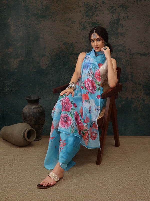 Blue Polyester Digital Print Abstract Saree with Unstitched Blouse - Hiral Fashion | Grocsy