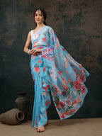 Blue Polyester Digital Print Abstract Saree with Unstitched Blouse - Hiral Fashion | Grocsy