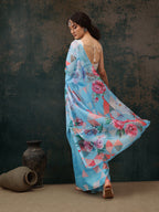 Blue Polyester Digital Print Abstract Saree with Unstitched Blouse - Hiral Fashion | Grocsy