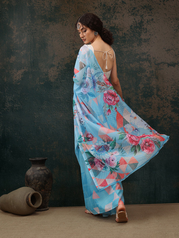 Blue Polyester Digital Print Abstract Saree with Unstitched Blouse - Hiral Fashion | Grocsy