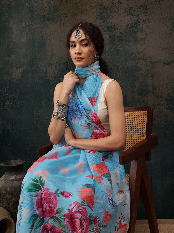 Blue Polyester Digital Print Abstract Saree with Unstitched Blouse - Hiral Fashion | Grocsy