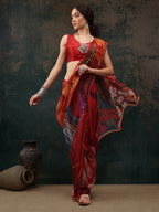 Brown Polyester Digital Print Abstract Saree with Unstitched Blouse - Hiral Fashion | Grocsy