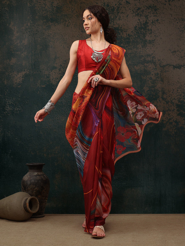 Brown Polyester Digital Print Abstract Saree with Unstitched Blouse - Hiral Fashion | Grocsy
