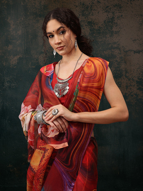 Brown Polyester Digital Print Abstract Saree with Unstitched Blouse - Hiral Fashion | Grocsy