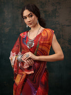 Brown Polyester Digital Print Abstract Saree with Unstitched Blouse - Hiral Fashion | Grocsy