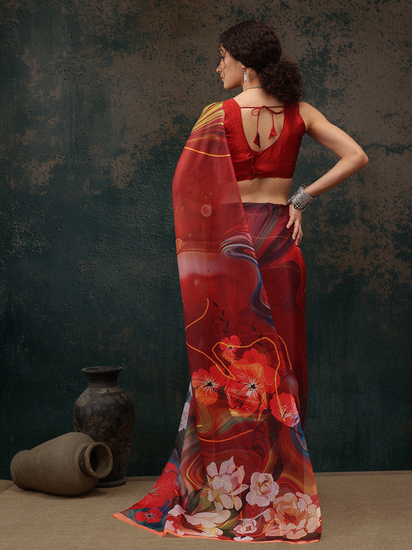 Brown Polyester Digital Print Abstract Saree with Unstitched Blouse - Hiral Fashion | Grocsy