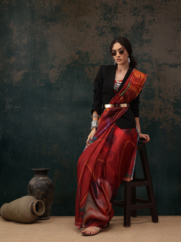Brown Polyester Digital Print Abstract Saree with Unstitched Blouse - Hiral Fashion | Grocsy