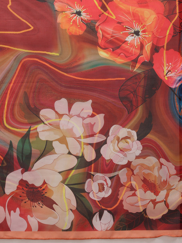 Brown Polyester Digital Print Abstract Saree with Unstitched Blouse - Hiral Fashion | Grocsy