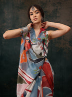 Multicolor Polyester Digital Print Abstract Saree with Unstitched Blouse - Hiral Fashion | Grocsy