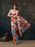Multicolor Polyester Digital Print Abstract Saree with Unstitched Blouse - Hiral Fashion | Grocsy