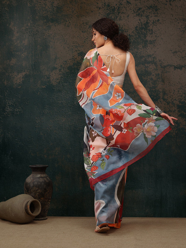 Multicolor Polyester Digital Print Abstract Saree with Unstitched Blouse - Hiral Fashion | Grocsy