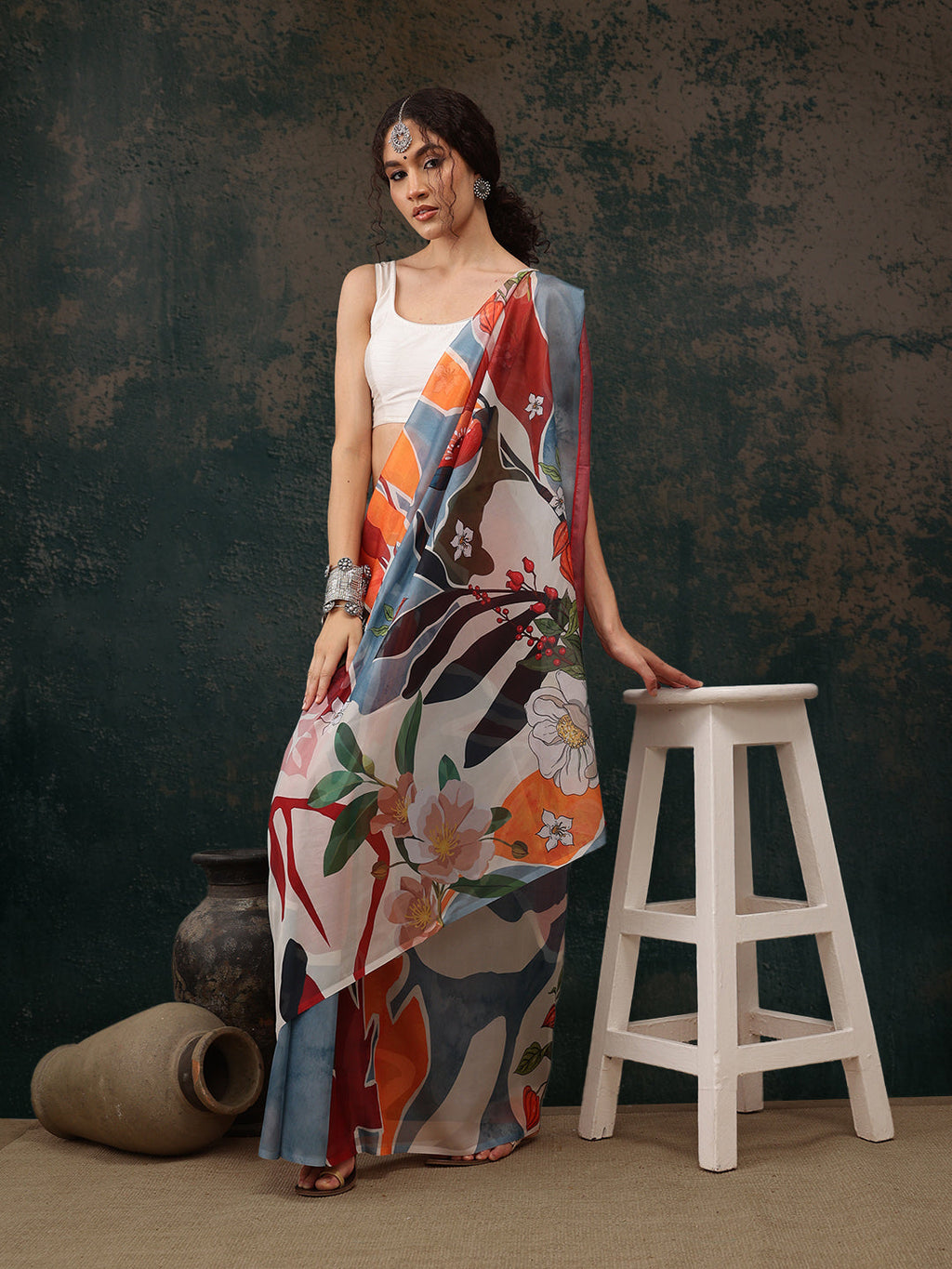 Multicolor Polyester Digital Print Abstract Saree with Unstitched Blouse - Hiral Fashion | Grocsy
