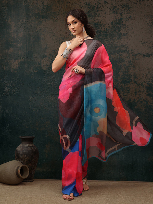 Multicolor Polyester Digital Print Abstract Saree with Unstitched Blouse - Hiral Fashion | Grocsy