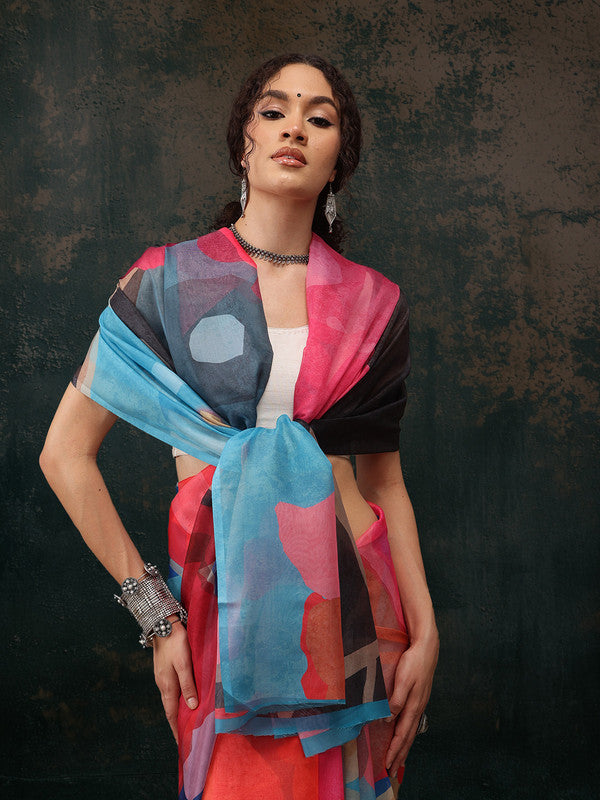 Multicolor Polyester Digital Print Abstract Saree with Unstitched Blouse - Hiral Fashion | Grocsy