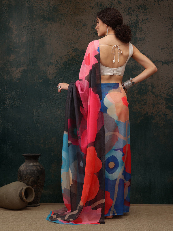 Multicolor Polyester Digital Print Abstract Saree with Unstitched Blouse - Hiral Fashion | Grocsy