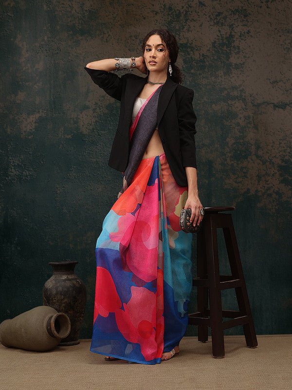 Multicolor Polyester Digital Print Abstract Saree with Unstitched Blouse - Hiral Fashion | Grocsy