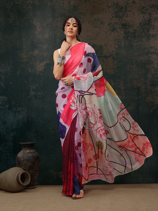Multicolor Polyester Digital Print Abstract Saree with Unstitched Blouse - Hiral Fashion | Grocsy