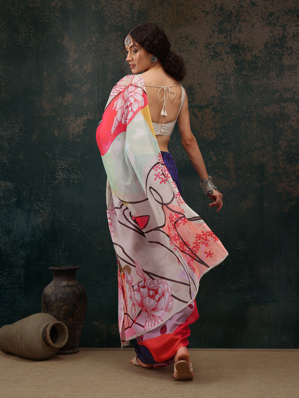 Multicolor Polyester Digital Print Abstract Saree with Unstitched Blouse - Hiral Fashion | Grocsy