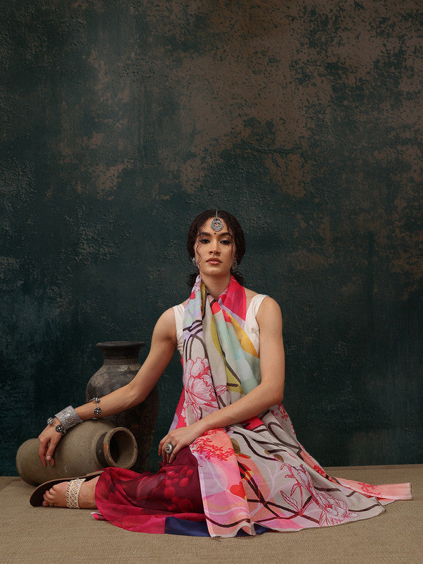 Multicolor Polyester Digital Print Abstract Saree with Unstitched Blouse - Hiral Fashion | Grocsy