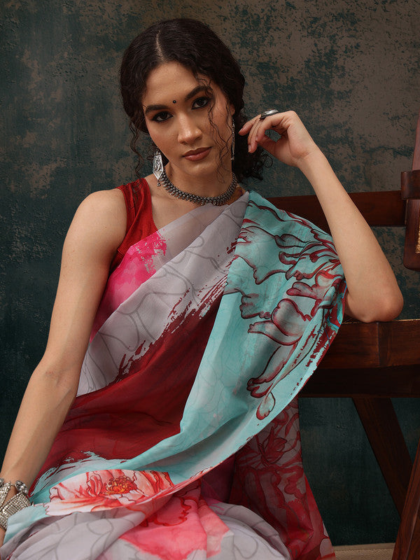 Multicolor Polyester Digital Print Abstract Saree with Unstitched Blouse - Hiral Fashion | Grocsy