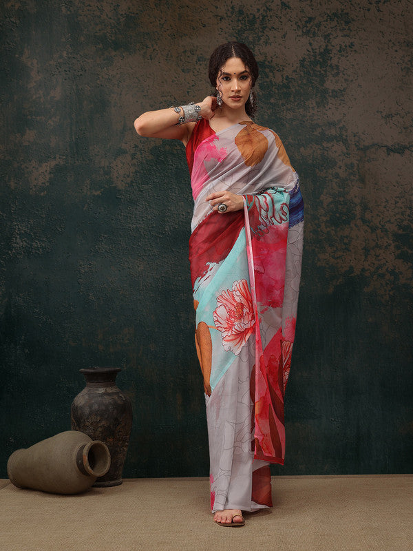 Multicolor Polyester Digital Print Abstract Saree with Unstitched Blouse - Hiral Fashion | Grocsy