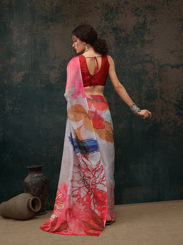 Multicolor Polyester Digital Print Abstract Saree with Unstitched Blouse - Hiral Fashion | Grocsy
