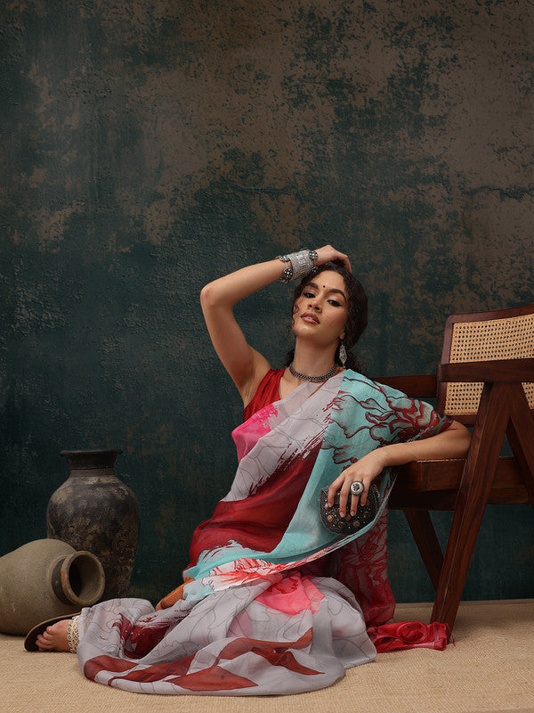 Multicolor Polyester Digital Print Abstract Saree with Unstitched Blouse - Hiral Fashion | Grocsy