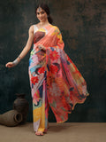 Multicolor Polyester Digital Print Abstract Saree with Unstitched Blouse - Hiral Fashion | Grocsy