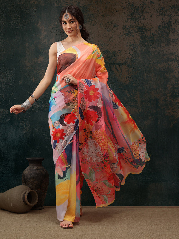 Multicolor Polyester Digital Print Abstract Saree with Unstitched Blouse - Hiral Fashion | Grocsy