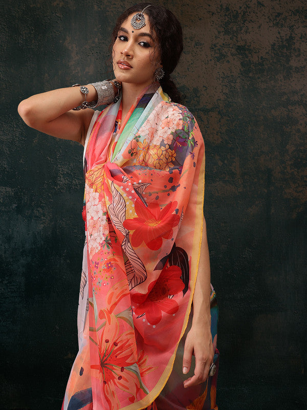 Multicolor Polyester Digital Print Abstract Saree with Unstitched Blouse - Hiral Fashion | Grocsy