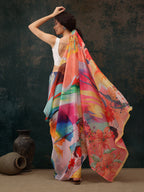 Multicolor Polyester Digital Print Abstract Saree with Unstitched Blouse - Hiral Fashion | Grocsy