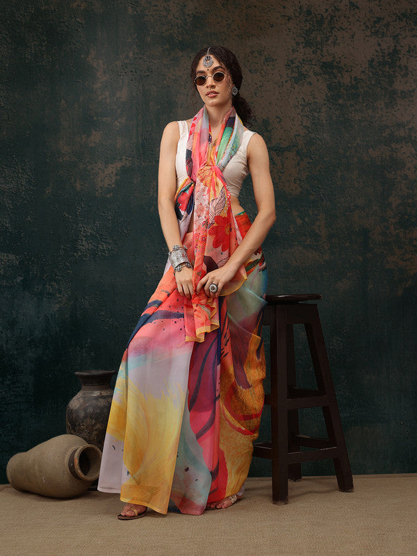 Multicolor Polyester Digital Print Abstract Saree with Unstitched Blouse - Hiral Fashion | Grocsy