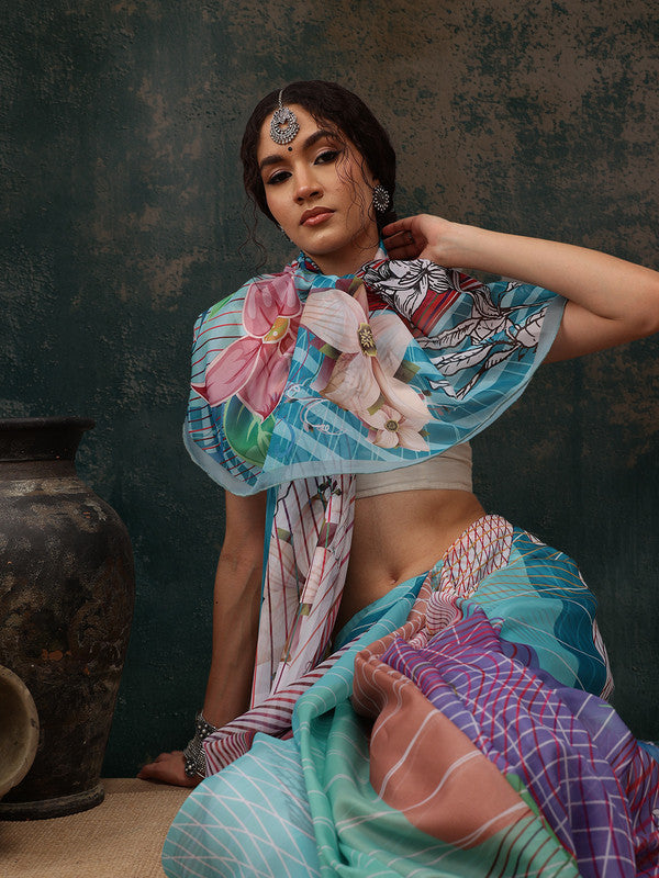 Multicolor Polyester Digital Print Abstract Saree with Unstitched Blouse - Hiral Fashion | Grocsy
