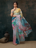 Multicolor Polyester Digital Print Abstract Saree with Unstitched Blouse - Hiral Fashion | Grocsy