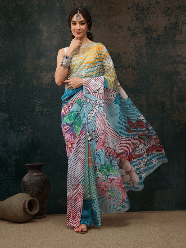 Multicolor Polyester Digital Print Abstract Saree with Unstitched Blouse - Hiral Fashion | Grocsy