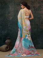 Multicolor Polyester Digital Print Abstract Saree with Unstitched Blouse - Hiral Fashion | Grocsy