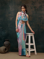 Multicolor Polyester Digital Print Abstract Saree with Unstitched Blouse - Hiral Fashion | Grocsy