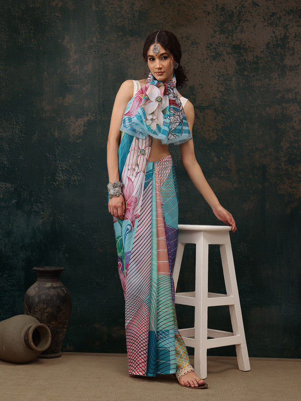 Multicolor Polyester Digital Print Abstract Saree with Unstitched Blouse - Hiral Fashion | Grocsy