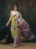 Green Polyester Digital Print Abstract Saree with Unstitched Blouse - Hiral Fashion | Grocsy