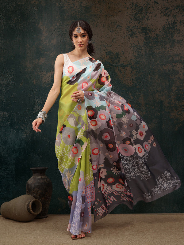 Green Polyester Digital Print Abstract Saree with Unstitched Blouse - Hiral Fashion | Grocsy