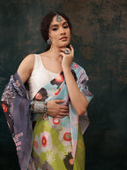 Green Polyester Digital Print Abstract Saree with Unstitched Blouse - Hiral Fashion | Grocsy