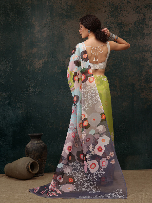 Green Polyester Digital Print Abstract Saree with Unstitched Blouse - Hiral Fashion | Grocsy