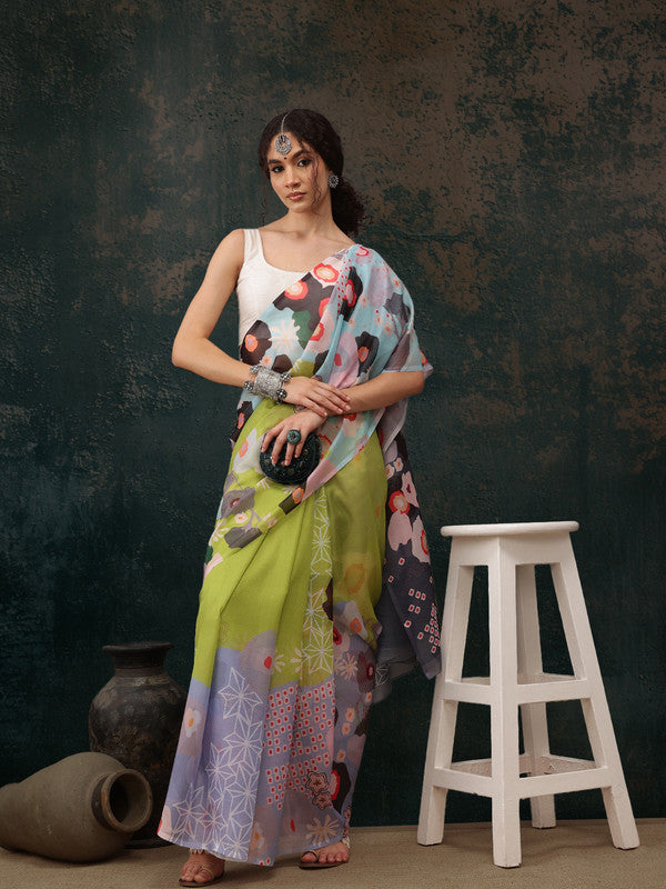 Green Polyester Digital Print Abstract Saree with Unstitched Blouse - Hiral Fashion | Grocsy