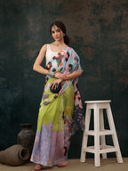 Green Polyester Digital Print Abstract Saree with Unstitched Blouse - Hiral Fashion | Grocsy