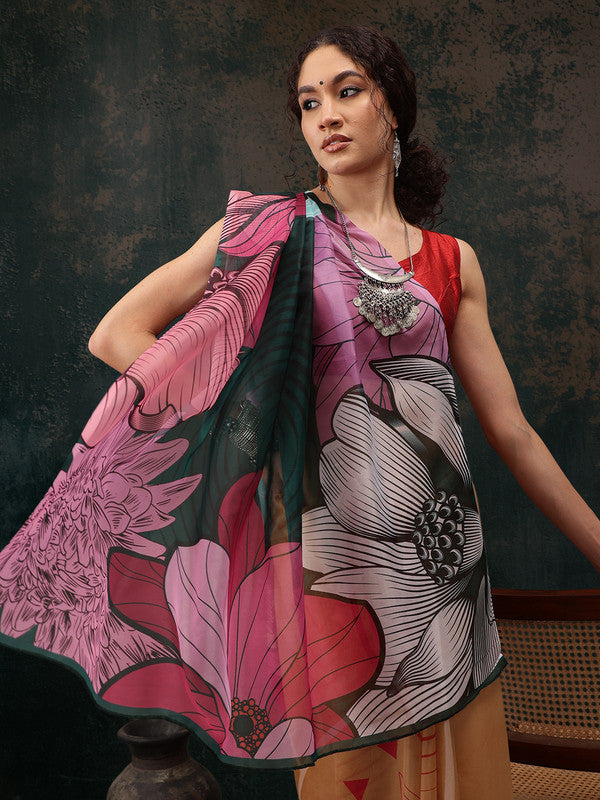 Yellow Polyester Digital Print Abstract Saree with Unstitched Blouse - Hiral Fashion | Grocsy