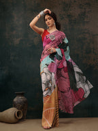 Yellow Polyester Digital Print Abstract Saree with Unstitched Blouse - Hiral Fashion | Grocsy