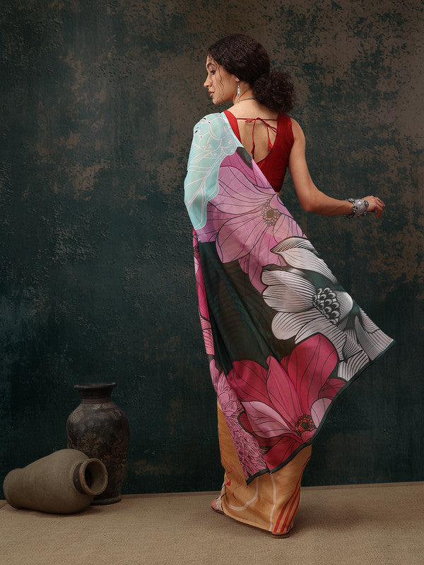 Yellow Polyester Digital Print Abstract Saree with Unstitched Blouse - Hiral Fashion | Grocsy